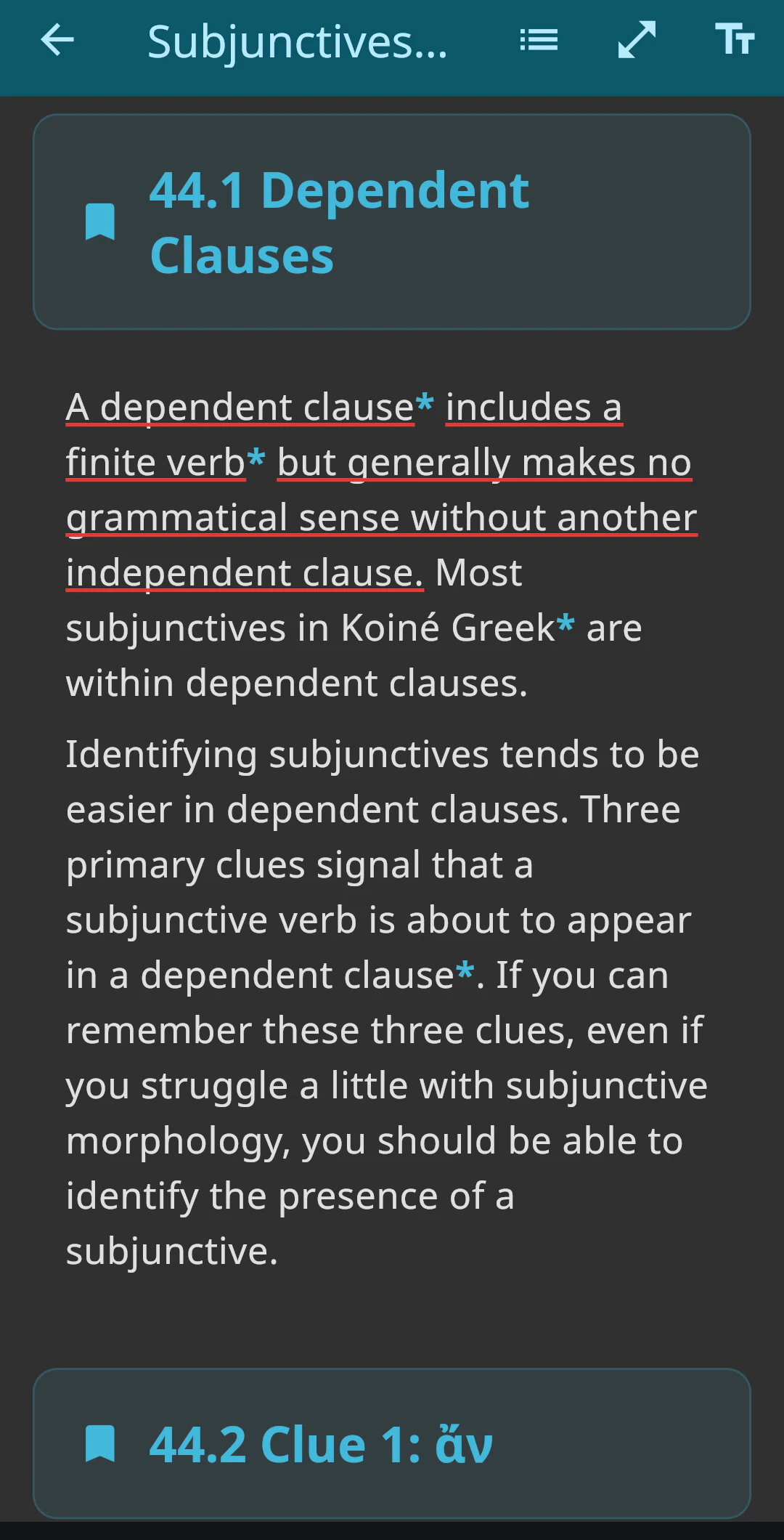 A Greek Tutor lesson with a highlighted passage and a glossary indicator