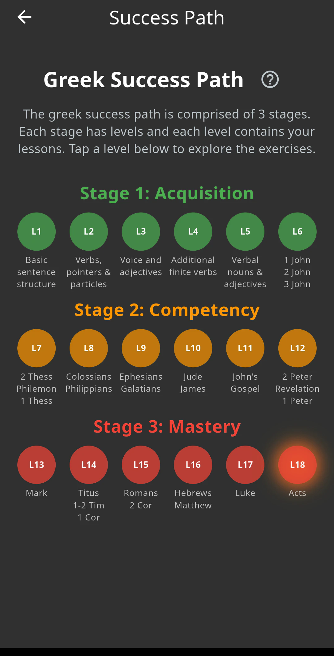 Greek Tutor success path showing levels across three stages